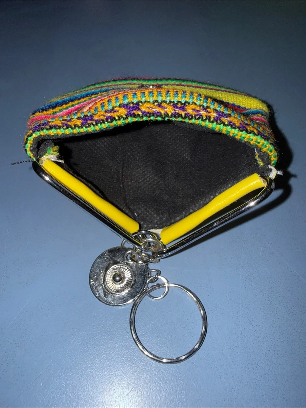Yellow Multicolor Stripe Coin Purse with Metal Keyring
